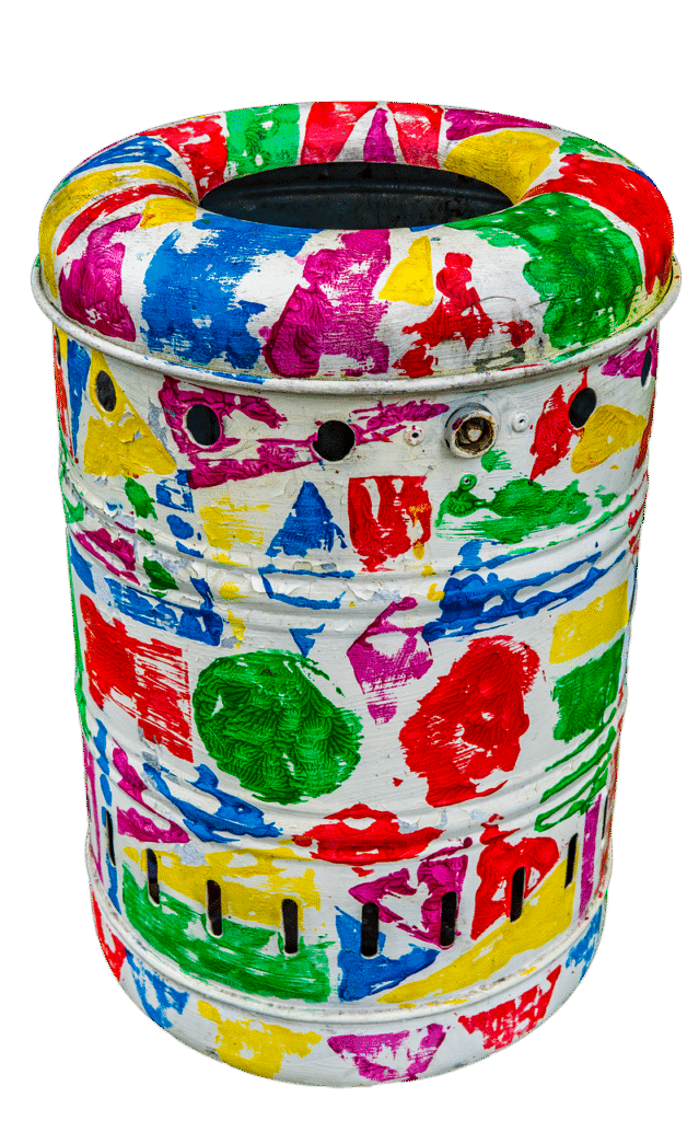 garbage can, multicoloured, coloured, art, disposal, waste disposal, environmental pollution, made, environmental protection, pollution, recycling, metal, waste, resources, responsibility, ecology