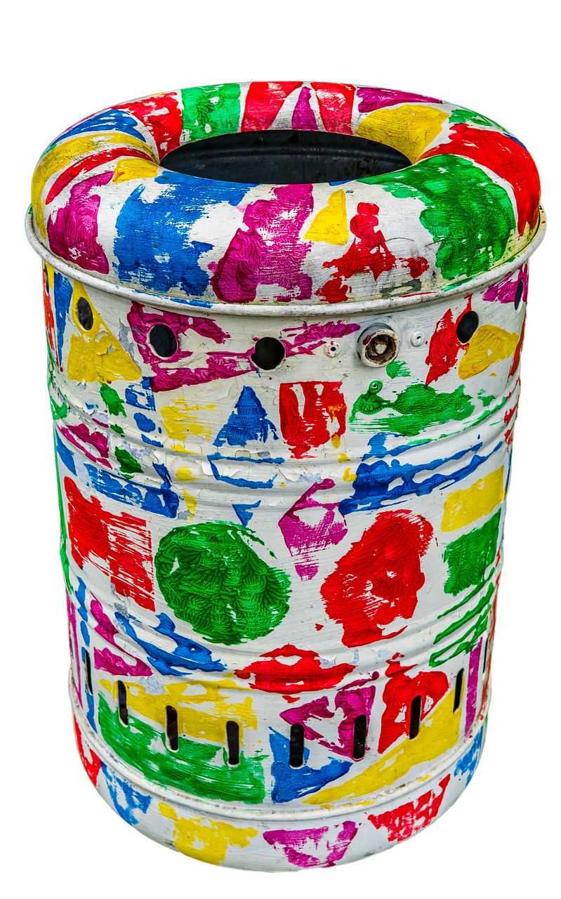 garbage can, multicoloured, coloured, art, disposal, waste disposal, environmental pollution, made, environmental protection, pollution, recycling, metal, waste, resources, responsibility, ecology