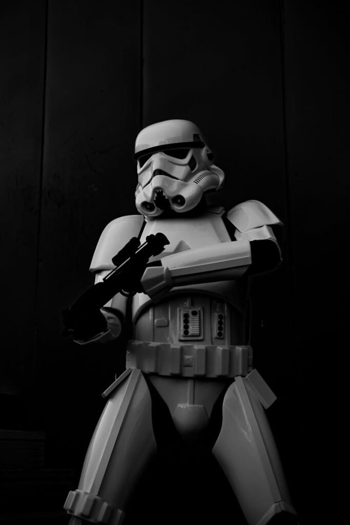 Dramatic black and white photo of a Stormtrooper in Mexicali, México. Perfect for sci-fi fans.