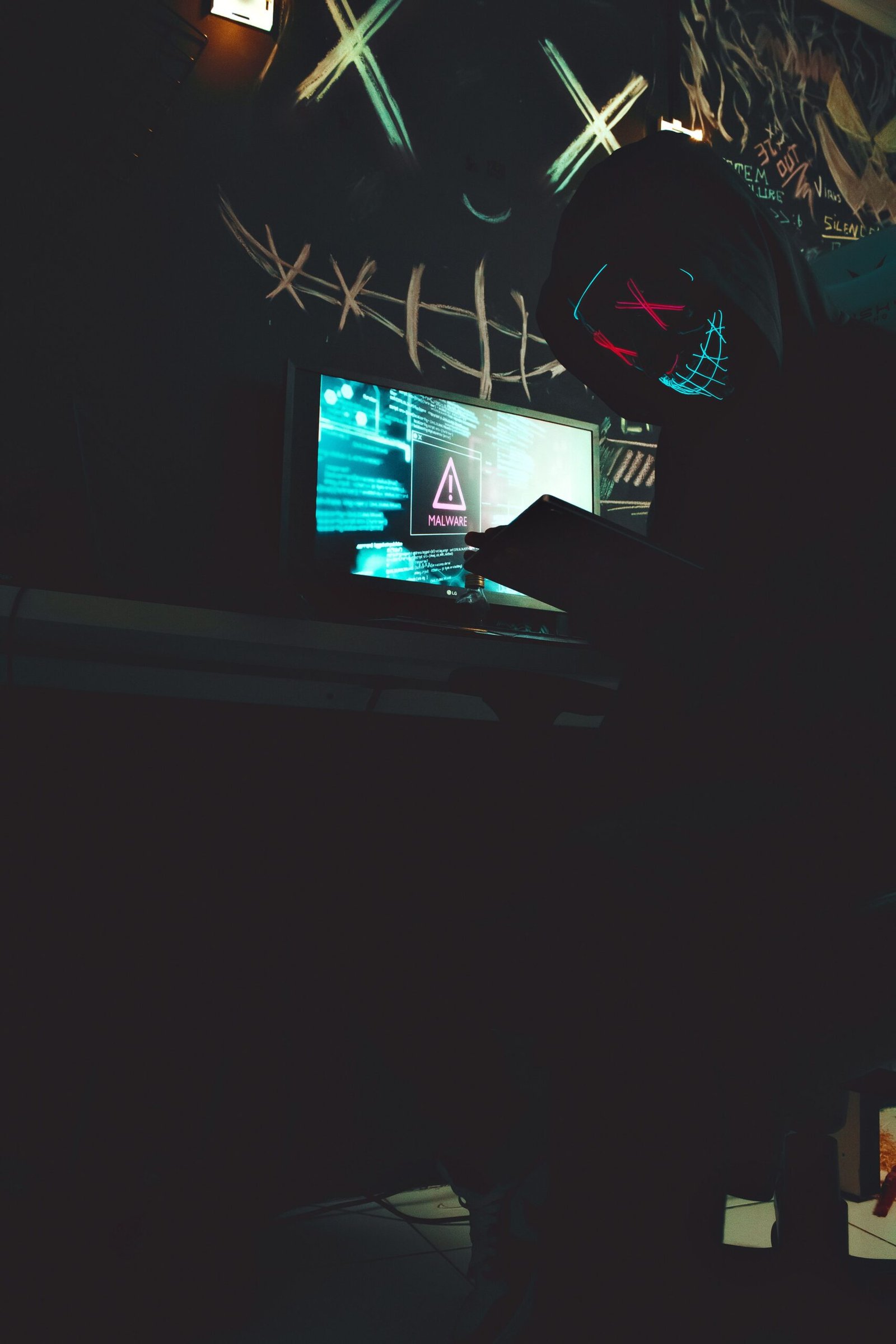 A shadowy figure in a mask using a computer with glowing screens, creating a mysterious atmosphere.