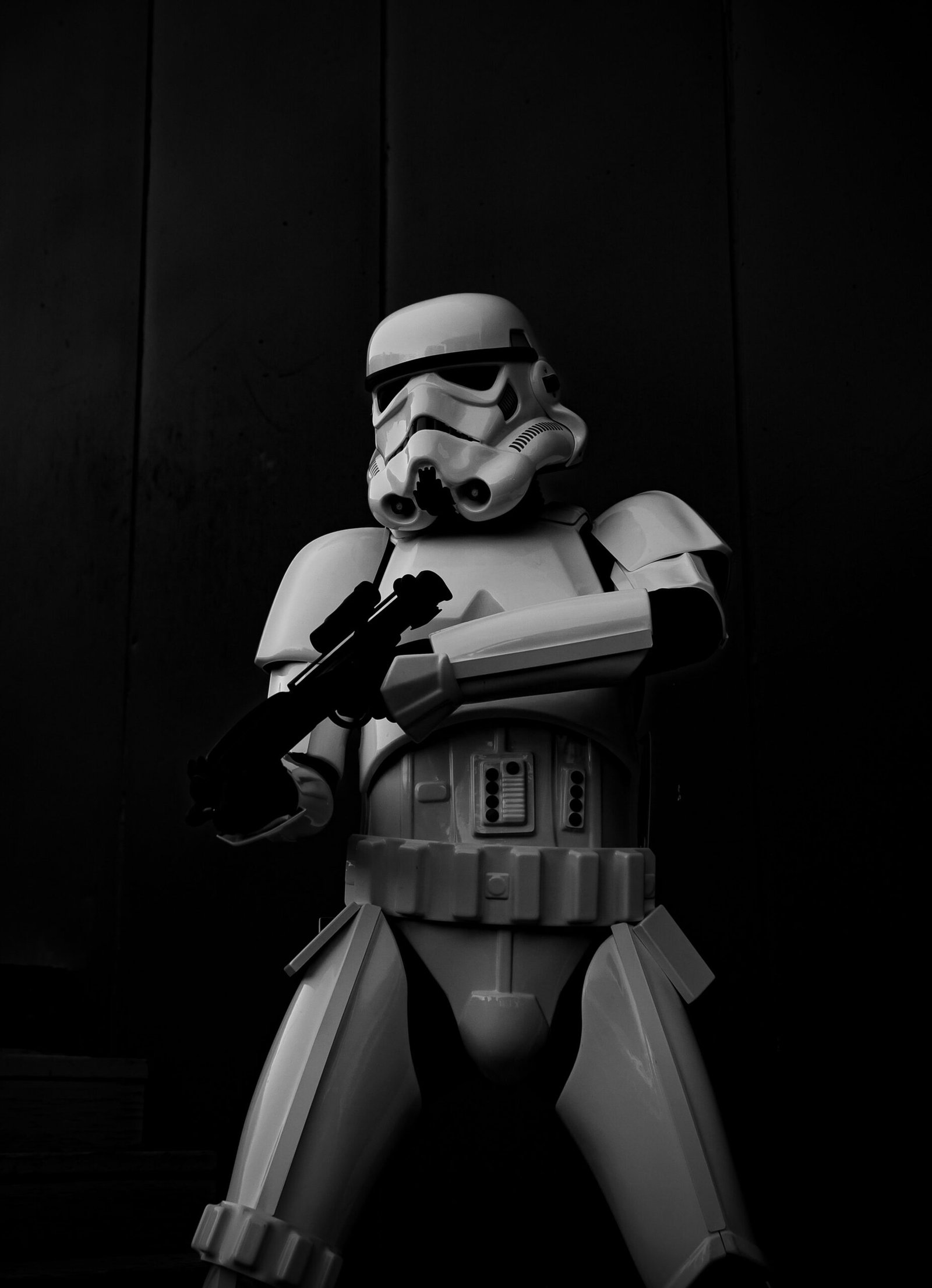 Dramatic black and white photo of a Stormtrooper in Mexicali, México. Perfect for sci-fi fans.