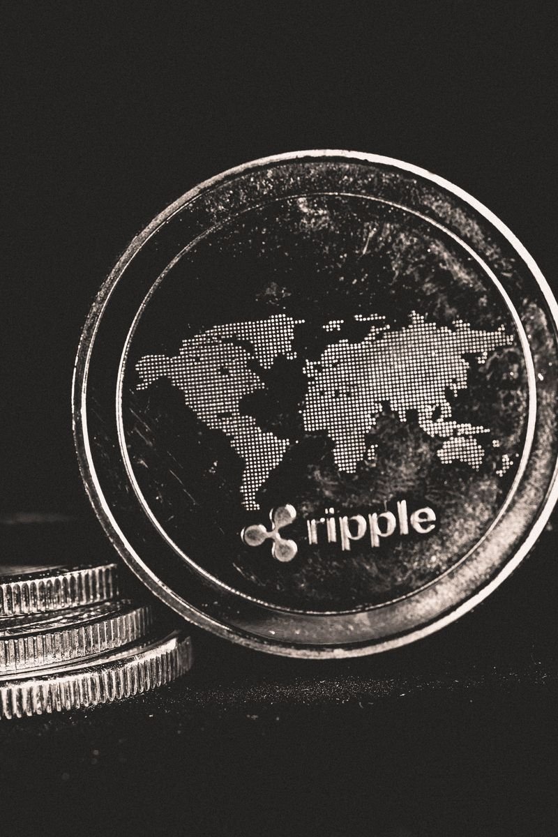 A detailed shot of a Ripple coin with a world map design on a black background.